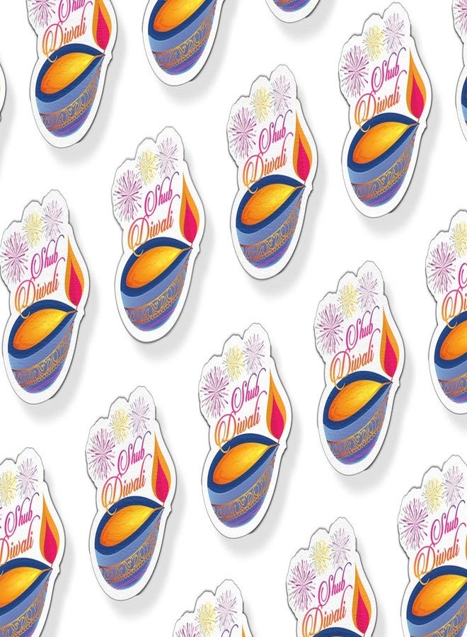 D2C 88-Piece Shubh Diwali Diya-Shaped Stickers - 1.3 Inch Traditional Oil Lamp Design with Ornate Patterns & Fireworks, Self-Adhesive Festival Labels (Shubh Diwali) - Image 1